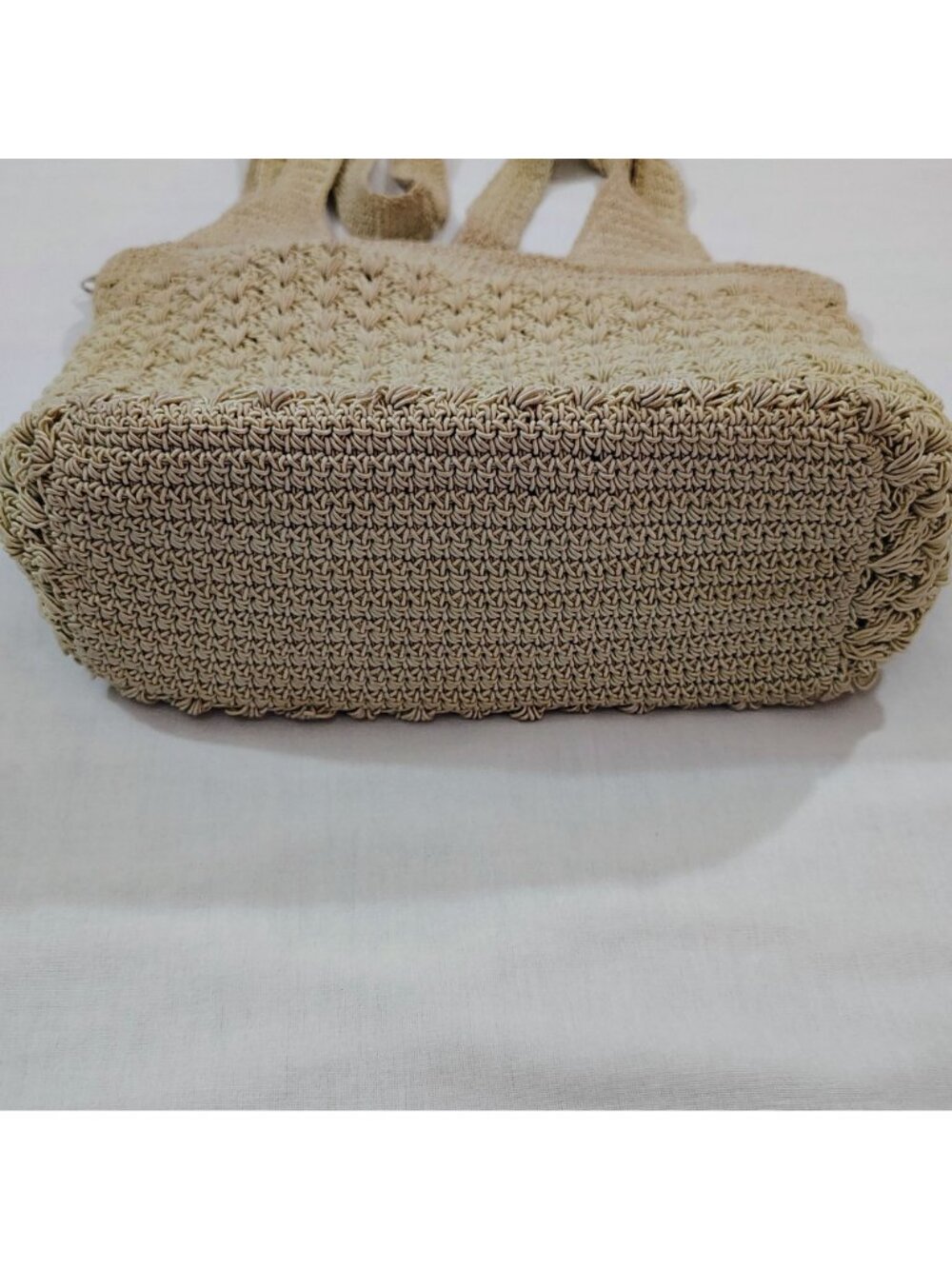Woven Shoulder Bag Beige Zipper Lightweight Summer Tote Durable Crochet Design - Picture 8 of 16